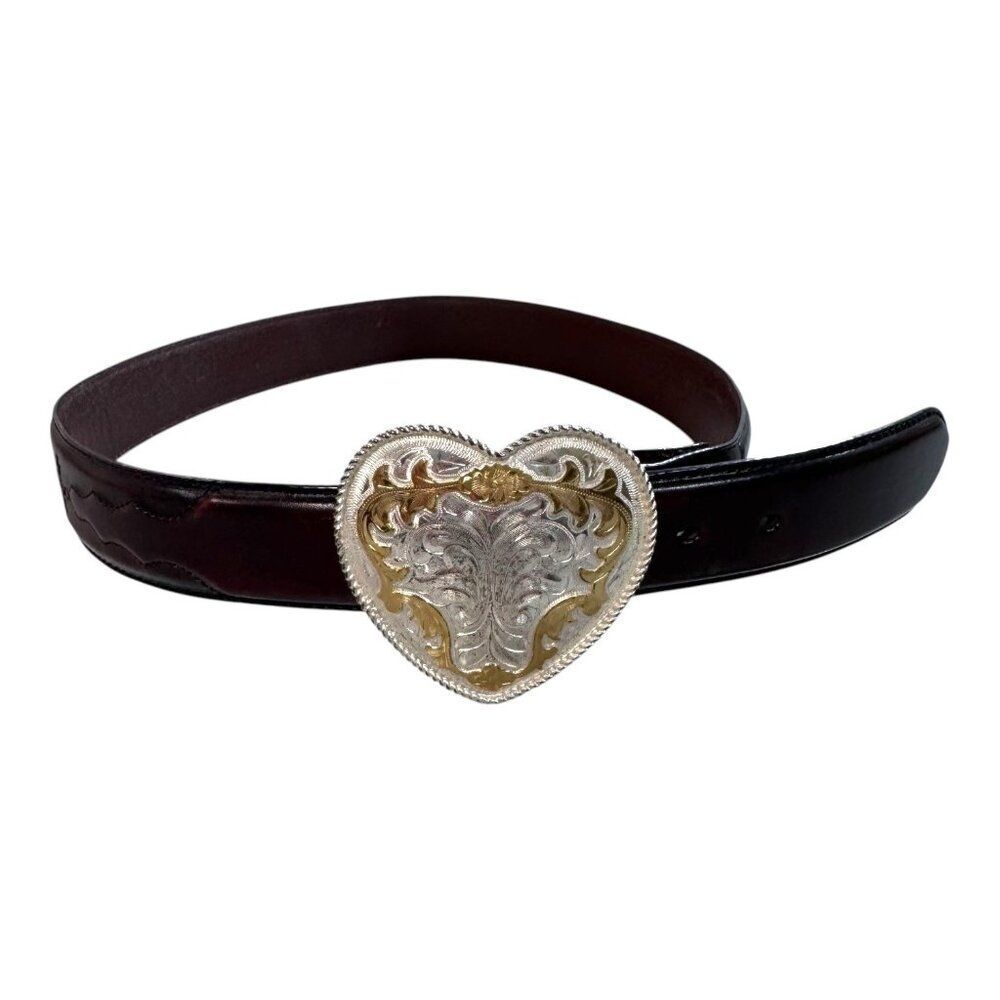 Vtg Silver Creek Classics Brown Leather Belt Silver Gold Heart Buckle Mexico 34